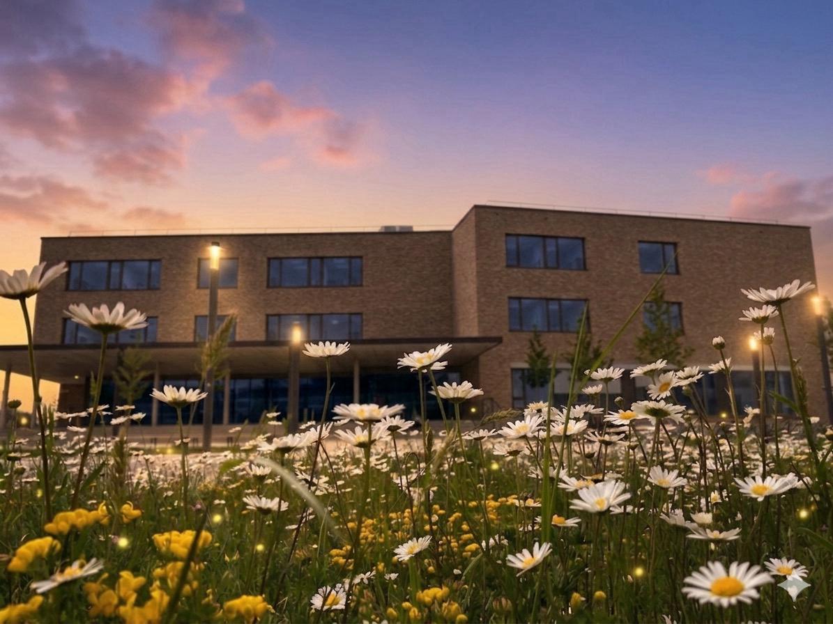 Schulgebäude des Gymnasiums Karlsfeld bei Abendlicht mit Blumen im Vordergrund.
